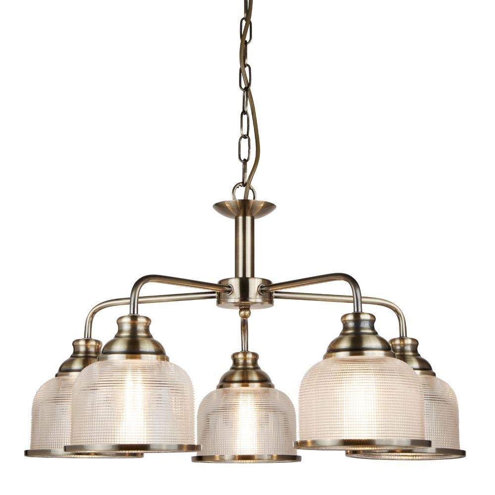Bistro II 5Lt Pendant -Antique Brass & Holophane Style Glass