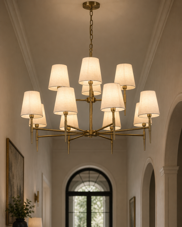 8+4 Light Antique Brass Mill Fitting With White Shades