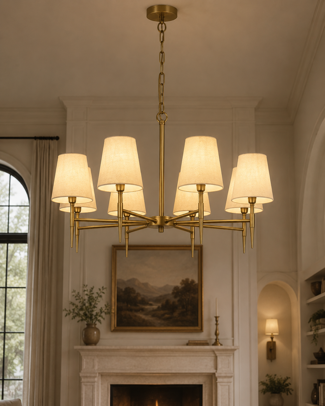 SHANDON Antique Brass 8-Arm Chandelier with Fabric Shades