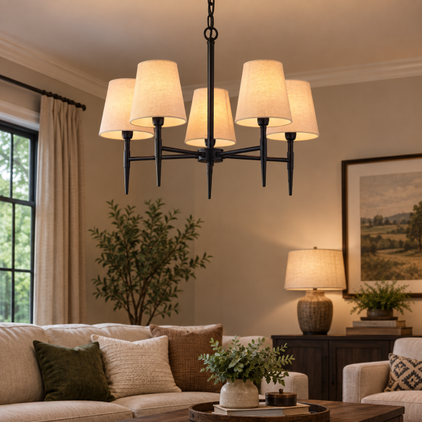 SHANDON Black Finish 5-Arm Chandelier with Fabric Shades