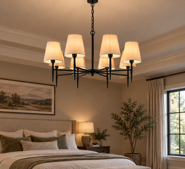 SHANDON MATT Black Finish 8-Arm Chandelier with Fabric Shades