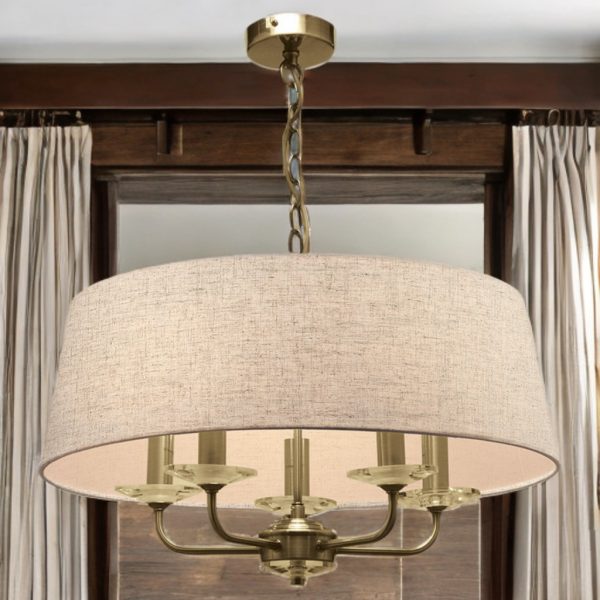 5L ANTIQUE BRASS STYLO PENDANT C/W OATMEAL SHADE