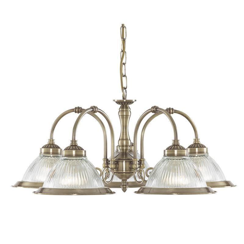 American Diner 5Lt Pendant - Antique Brass & Ribbed Glass