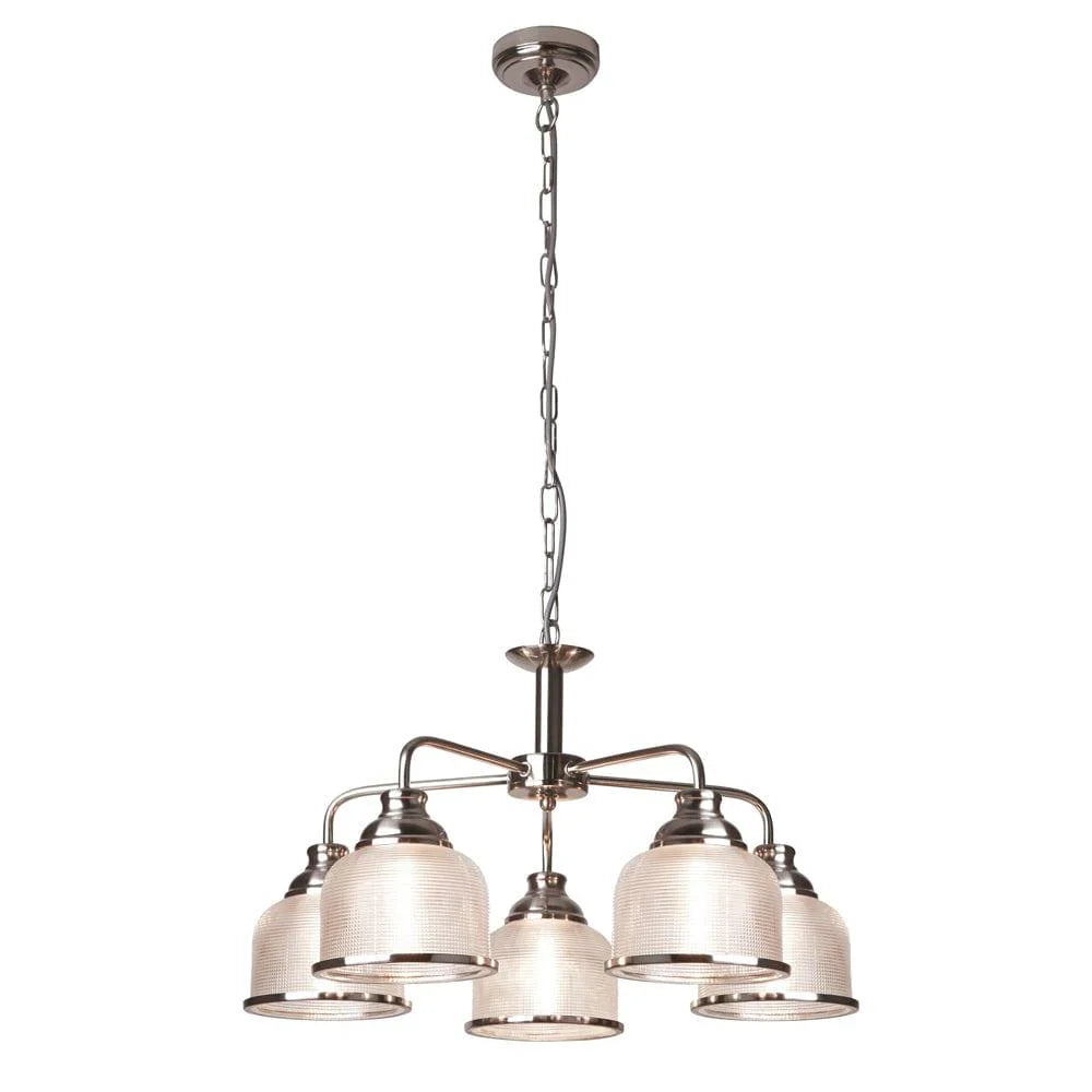 Bistro II 5Lt Pendant- Satin Silver & Holophane Style Glass