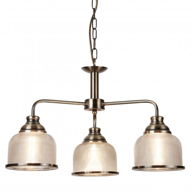 Bistro II 3Lt Pendant-Antique Brass & Holophane Style Glass