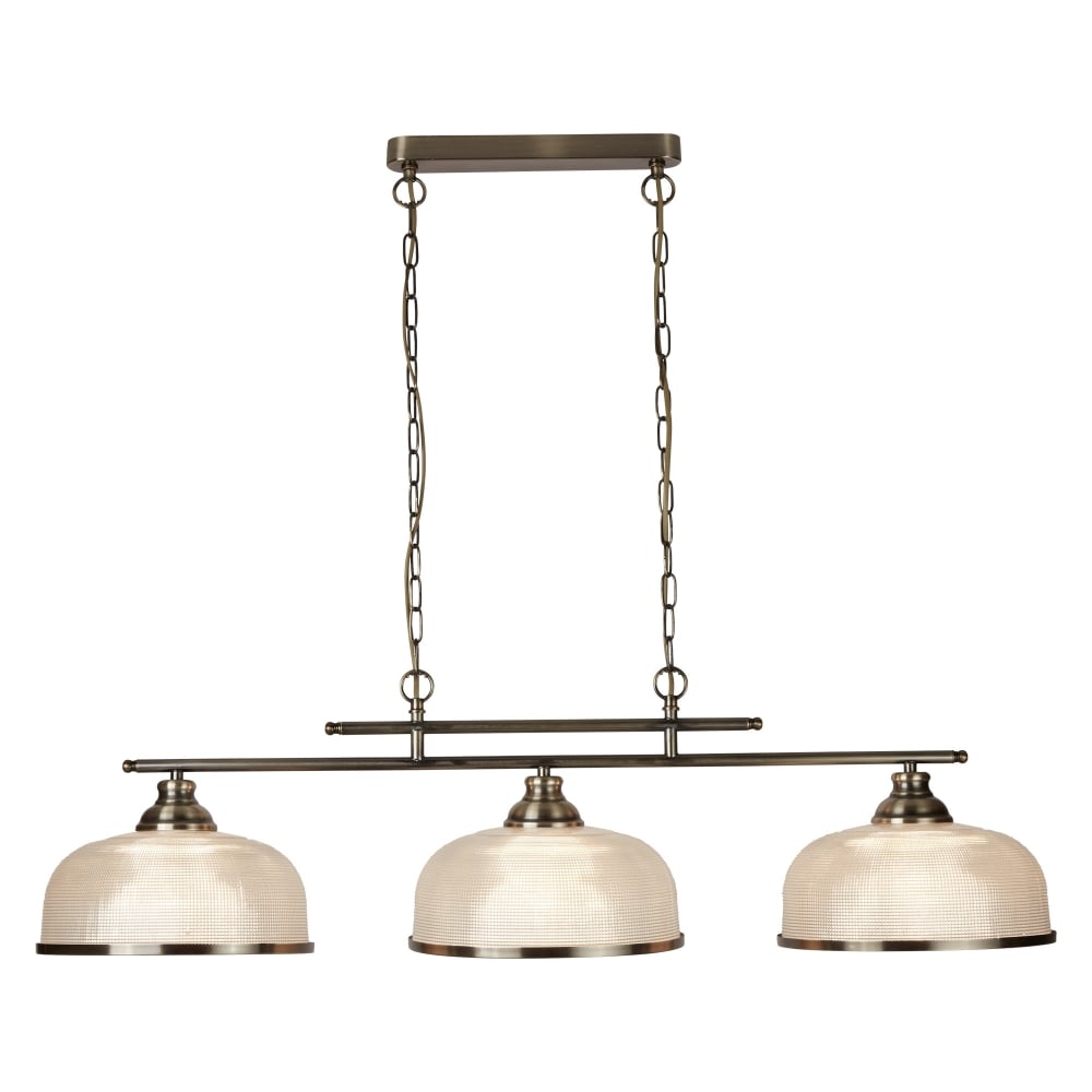 Bistro II 3Lt Pendant-Antique Brass & Holophane Style Glass