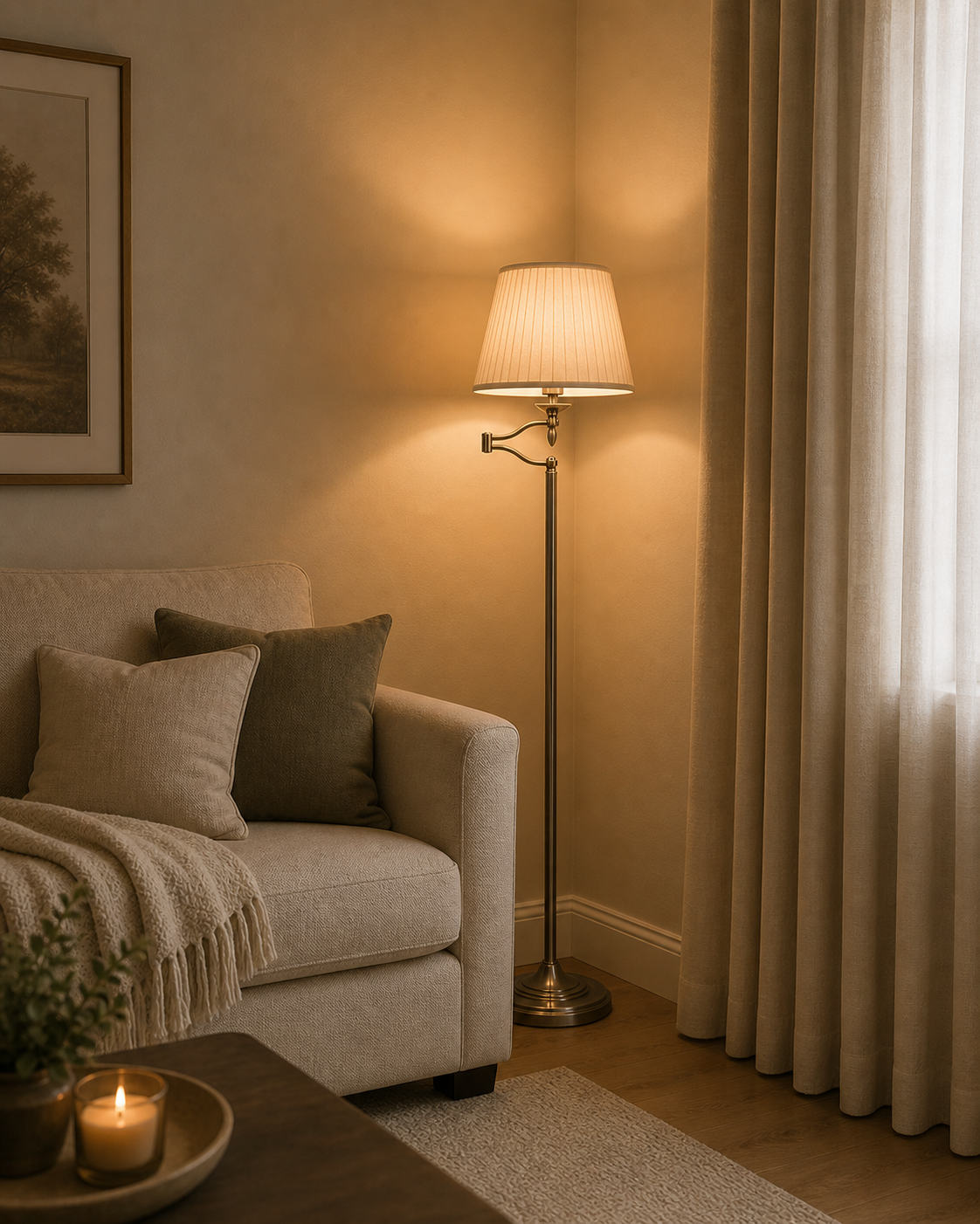 Antique Brass Floor Lamp with Cream Shade
