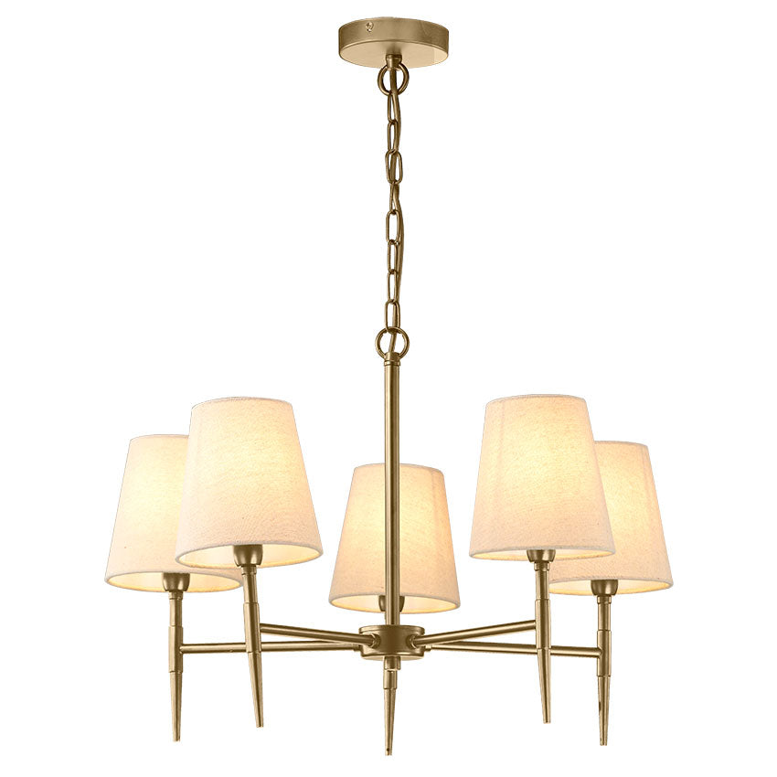 Shandon antique brass five-arm chandelier with beige fabric shades