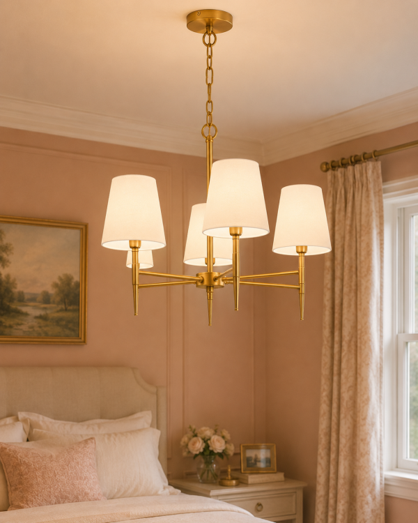 SHANDON Matt Brass 5-Arm Chandelier with Fabric Shades