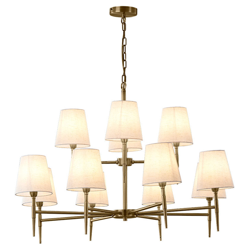 8+4 Light Antique Brass Mill Fitting With White Shades