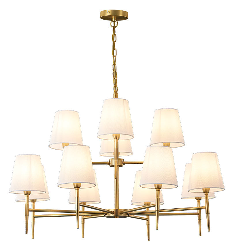 8+4 Light Matt Brass Mill Fitting With White Shades