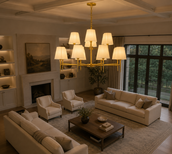 8+4 Light Matt Brass Mill Fitting With White Shades