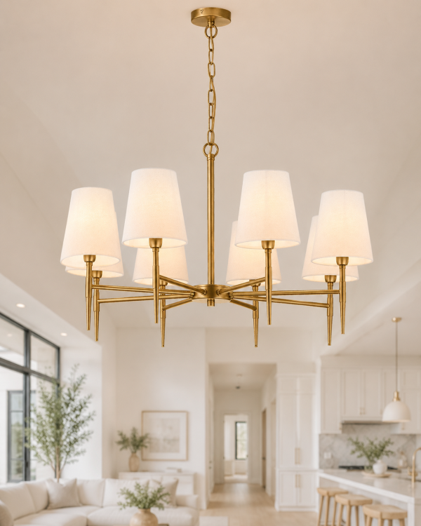 SHANDON MATT Brass 8-Arm Chandelier with Fabric Shades
