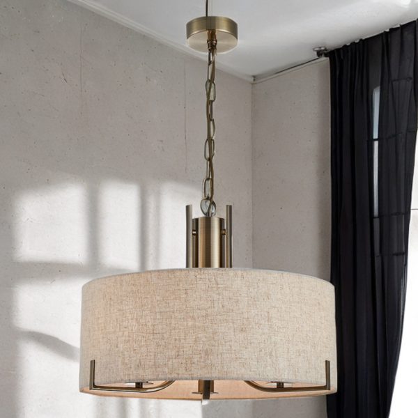PEILLON 5L ANTIQUE. BRASS PENDANT C/W OATMEAL OR WHITE SHADE