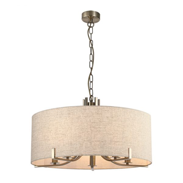PEILLON 5L ANTIQUE. BRASS PENDANT C/W OATMEAL OR WHITE SHADE