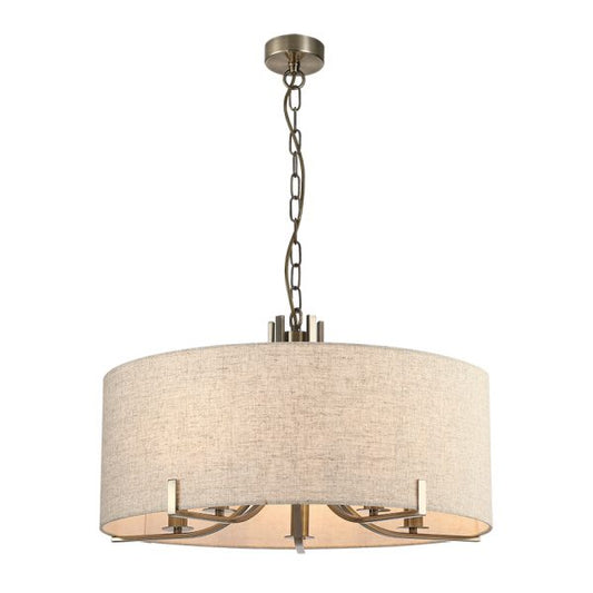 PEILLON 5L ANTIQUE. BRASS PENDANT C/W OATMEAL OR WHITE SHADE