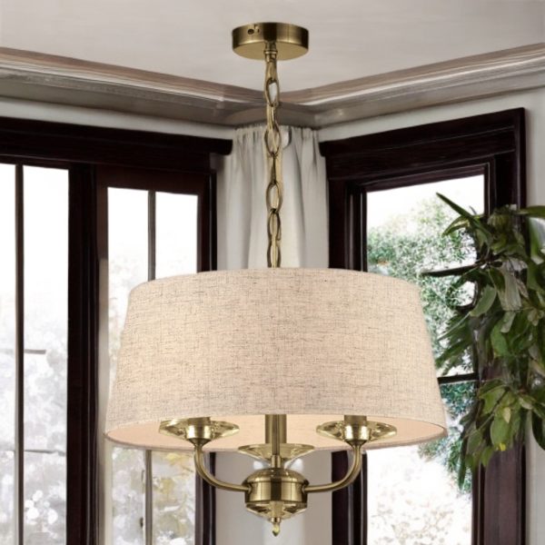 3L ANTIQUE BRASS STYLO PENDANT C/W OATMEAL SHADE