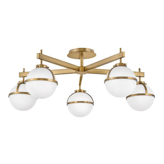 Hollis 5 Light Semi-Flush - Heritage Brass, Steel, Opal Glass